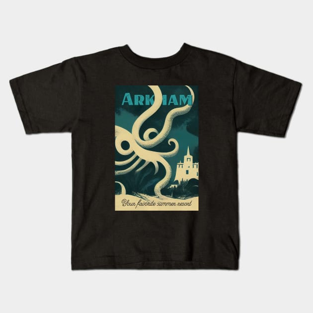 Arkham. Vintage Lovecraftian Travel Poster Kids T-Shirt by GoodTripsOnly